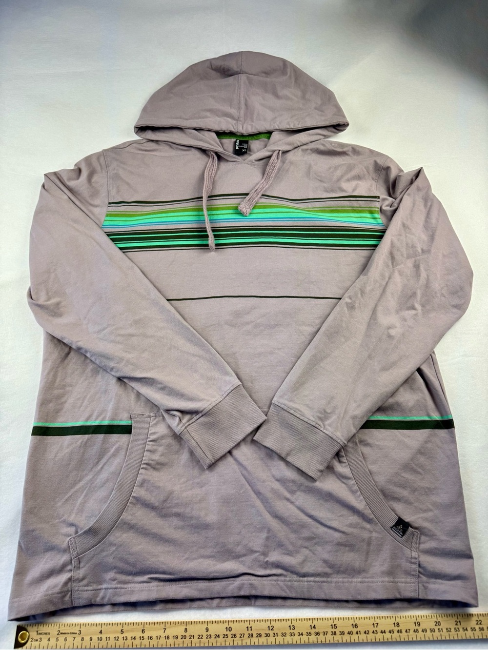 Prana Men's XL Lightweight Hoodie Pullover Striped Cotton Gray Green Stretch - Picture 1 of 8